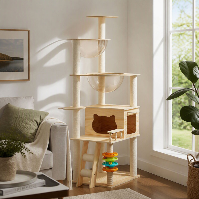 Arbre à chat, 150 cm, design moderne en bois pour chats d'intérieur avec poteaux à griffer recouverts de sisal, perchoir supérieur et hamac en acrylique