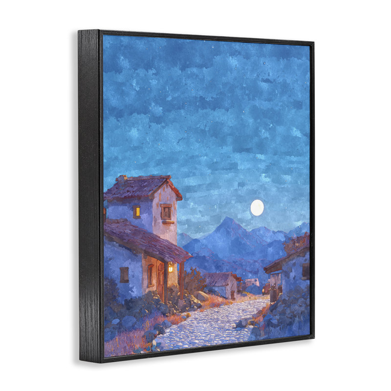 Lune sur une ville tranquille, estampe numérique, design par Ziwei Li, H 14 po x l 11 po, Giclée encadrée noir minuit