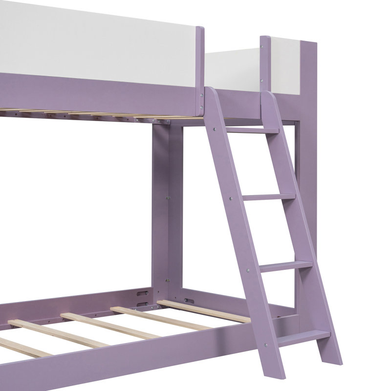 Lit simple superposé simple, lit superposé convertible en bois avec échelle réversible et garde-corps, mauve et blanc, Mauve