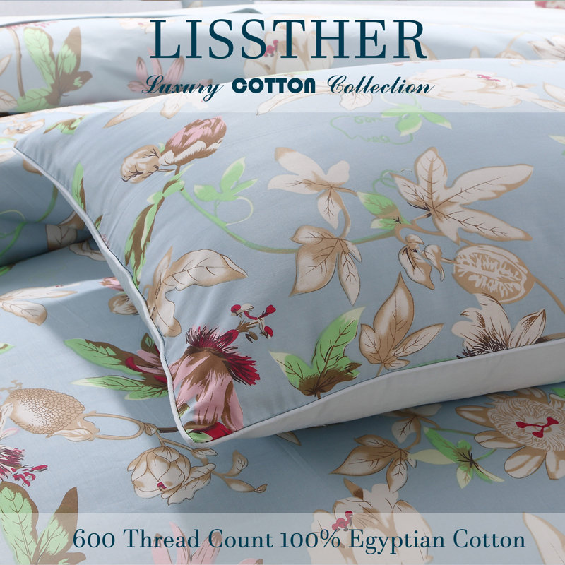  800TC 100% Egyptian Cotton Duvet Cover Set，3pcs Luxury Vintage Colorful Floral in Light Blue Bedding Set, Aesthetic Botanical Pattern for Bedroom Guest Room Student Dorm All Seasons