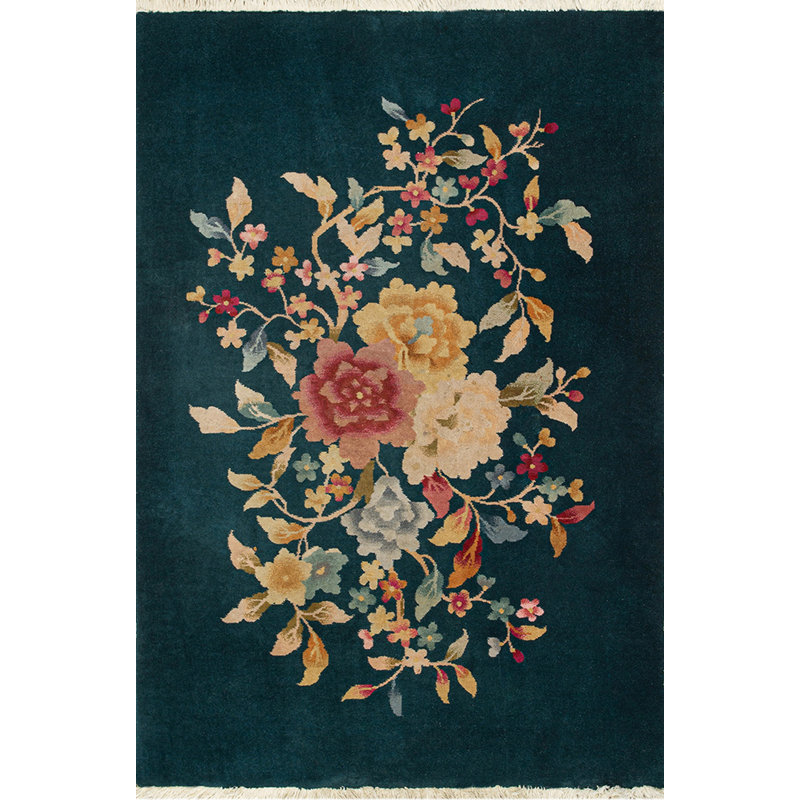 Green Color Large Floral Pattern Antique Small Scatter Size Chinese Art Deco Wool Rug