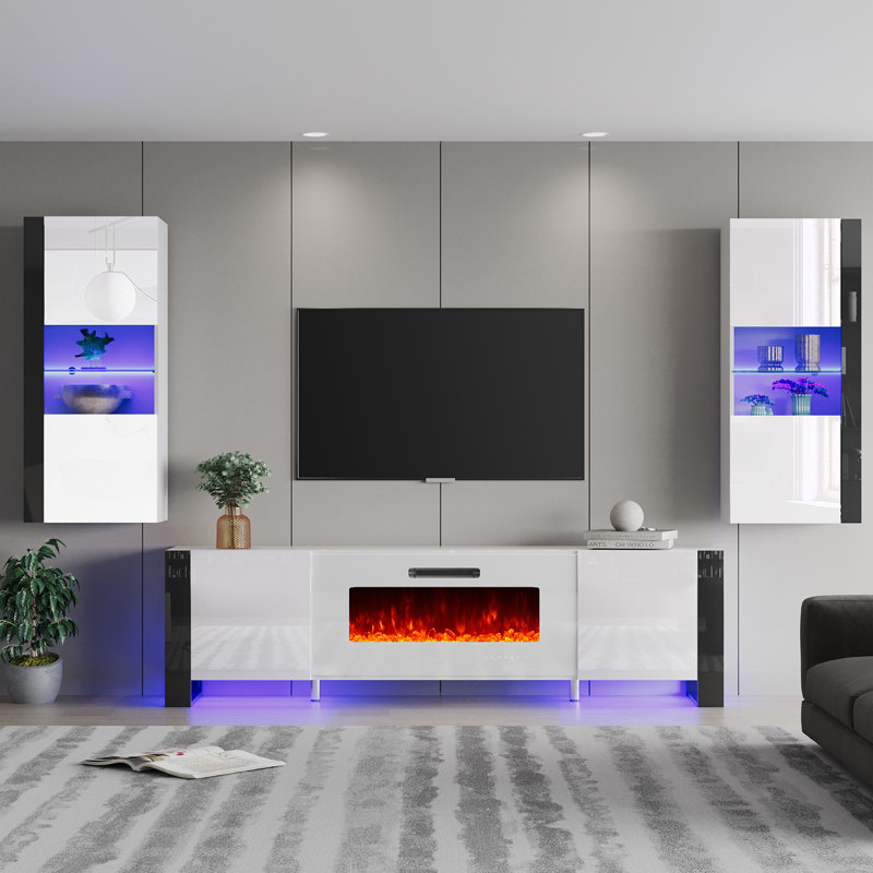 Bhhatu 70“ Entertainment Center for TVs with Electric Fireplace Included,White, White, 70"