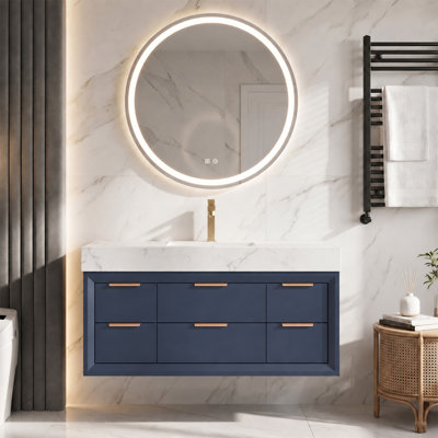 48" Modern Wall-Mounted Single Bathroom Vanity with Marble Top, Porcelain Undermount Sink, Overflow and Sensor Light