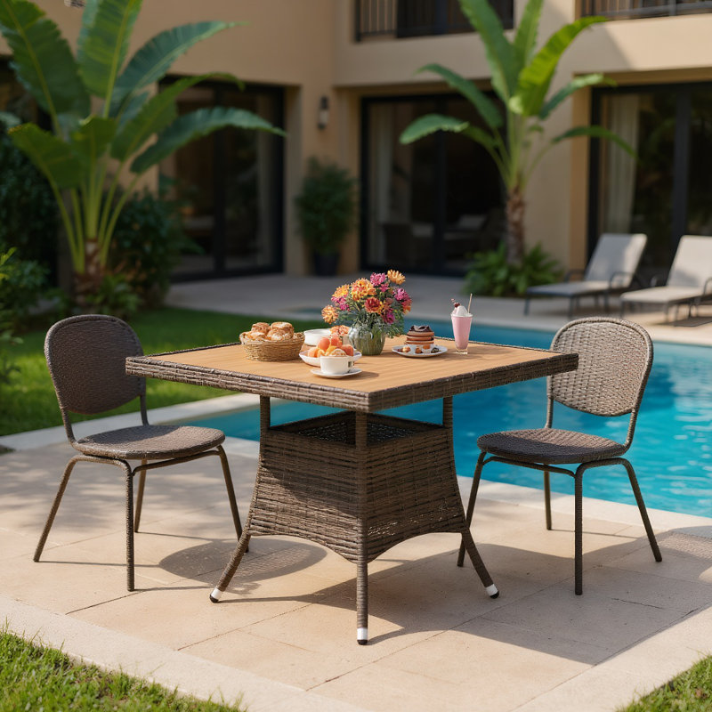 1-Piece All-Weather Brown Square Rattan Patio Dining Table with Acacia Wood