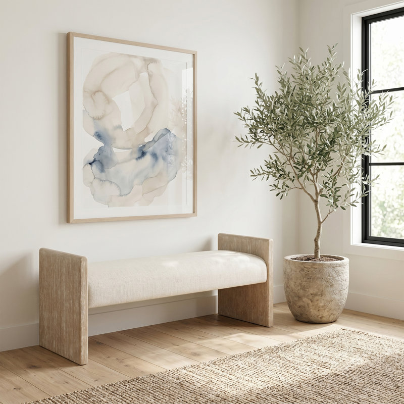 Banc rembourré en tissu crème Hickory, Cream Polyester Fabric, Natural