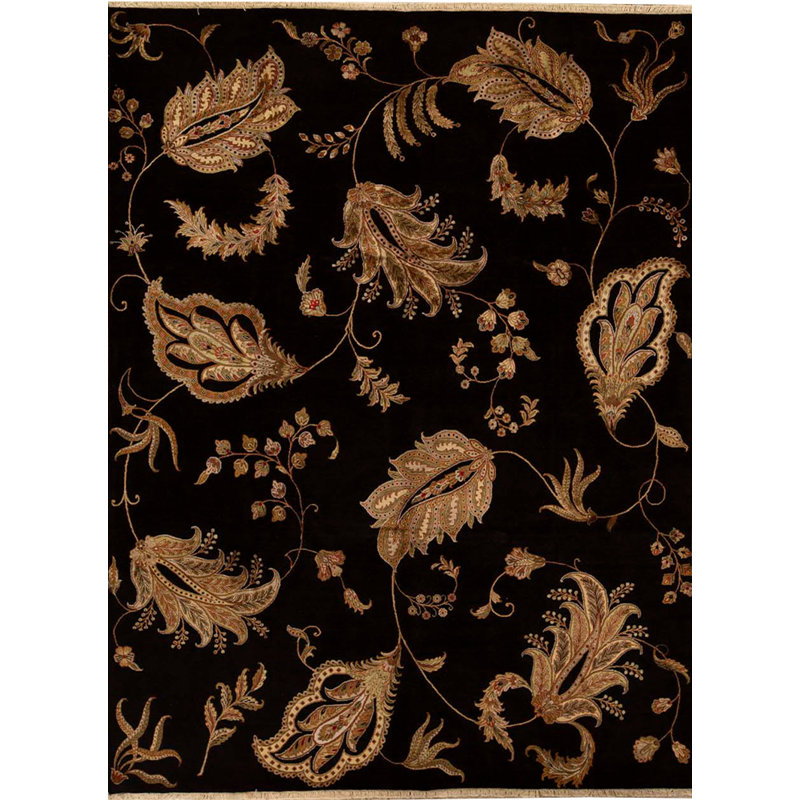 Tapis noir de haute qualité noué à la main, Rectangulaire 9 pi 1 po x 12 pi