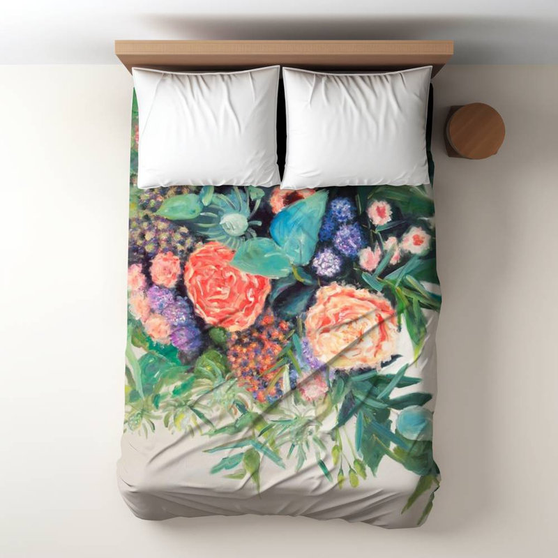 Housse de couette pour lit simple Fleurs Melody, Vert / floral corail 4, Housse de couette pour lit simple