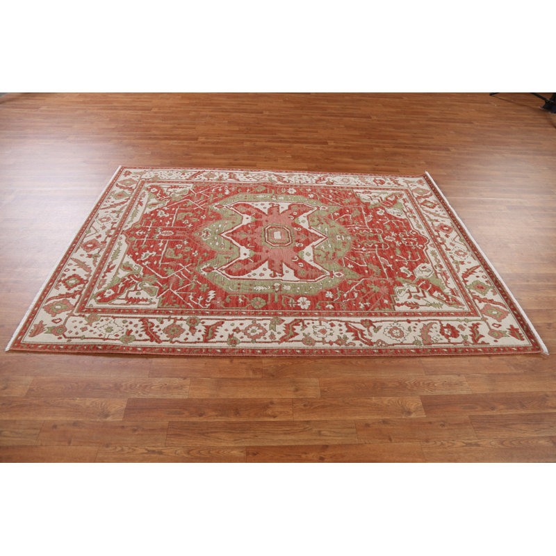 Tapis rouge en laine noué à la main de conception unique 5 pi x 6 pi 10 po New Age