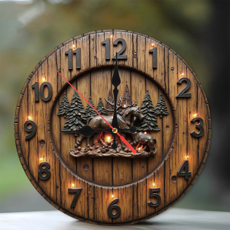 Horloge en bois-cerf-fauve-forêt-lumières