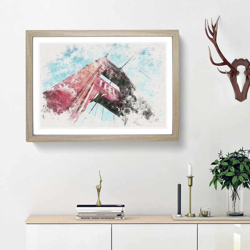 View Of The Golden Gate Bridge In San Francisco Watercolour - Framed Print, Oak, 62cm H x 87cm W x 2cm D
