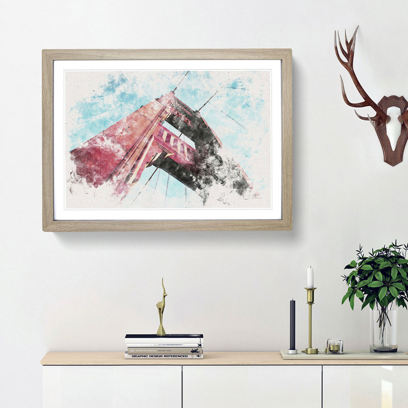 View Of The Golden Gate Bridge In San Francisco Watercolour - Framed Print, 45cm H x 63cm W x 2cm D, Oak