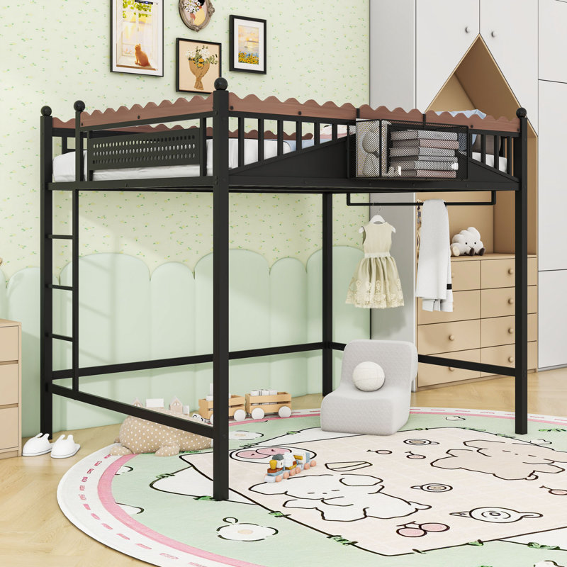 Metal Loft Bed with Bookshelf and Guardrails, Queen