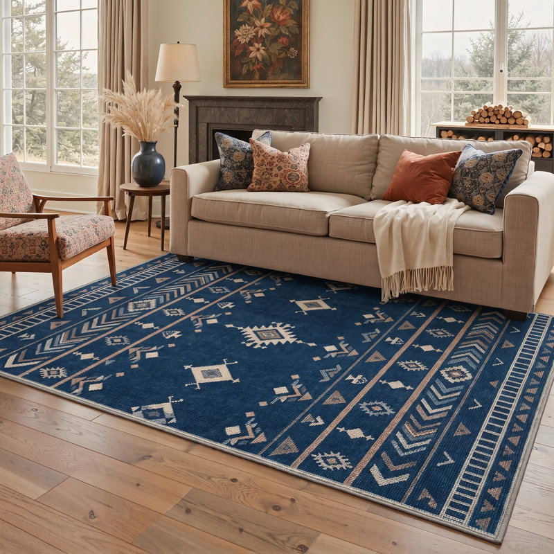 Tapis bleu marine / ivoire lavable à la machine avec envers antidérapant, Rectangle 9 pi x 12 pi