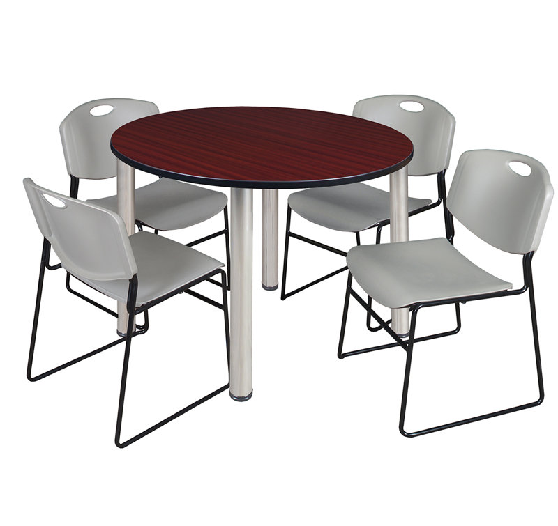 Plateau de table Kee, 4 chaises empilables, Chrome, Acajou