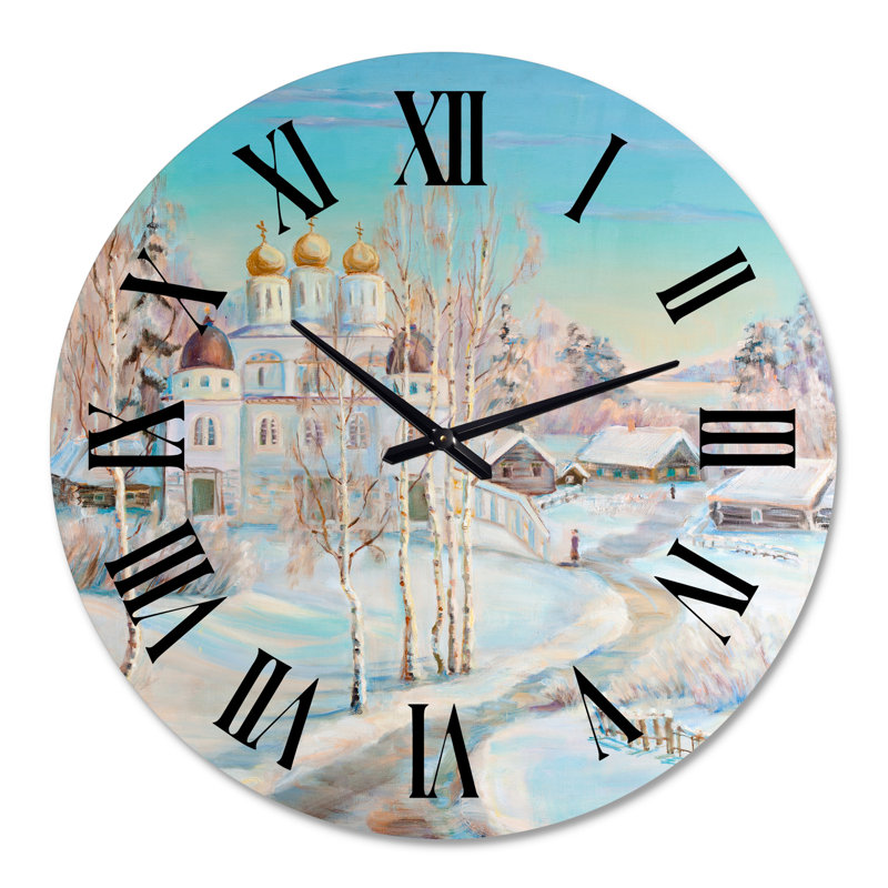 Route de campagne dans un paysage d'hiver avec temple - horloge murale traditionnelle, Surdimensionné