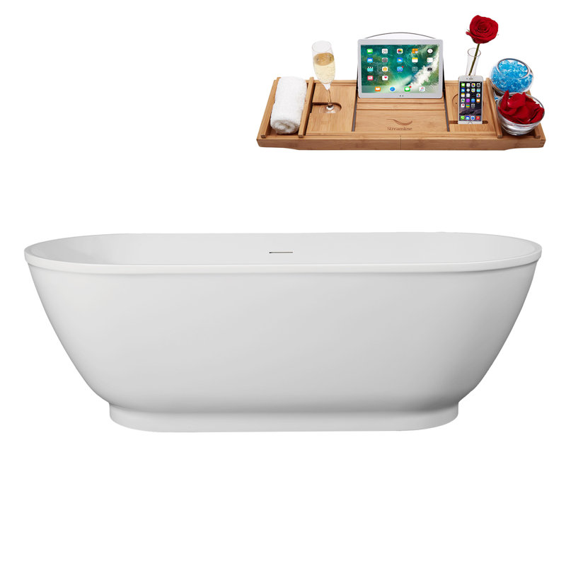 67" Streamline Soaking Freestanding Tub and Tray With Internal Drain, Brushed GunMetal