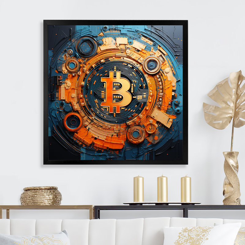 «Orange Vibrant Bitcoin Crypto», art mural abstrait, Cadre simple noir, H 30 po x l 30 po x P 1,5 po