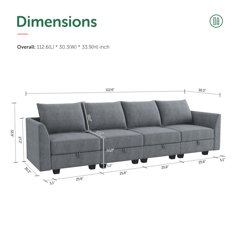 Nikitas 4-Seater Modular Sofa Couch, Bluish Gray Polyester