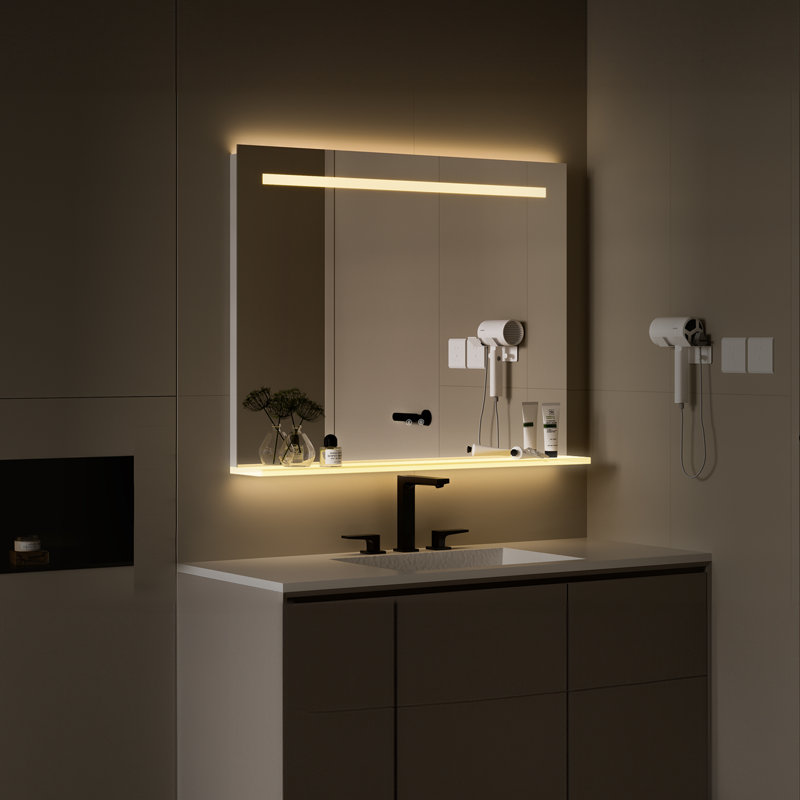 Led Lighted Fog-Free Mirror With Storage Shelf Wall-Mounted Waterproof