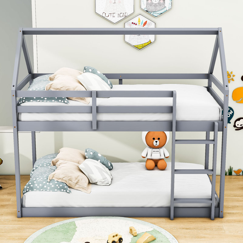 Dealba Twin Over Twin Wooden House-Shaped Bunk Bed With Ladder And Guardrails, Gray