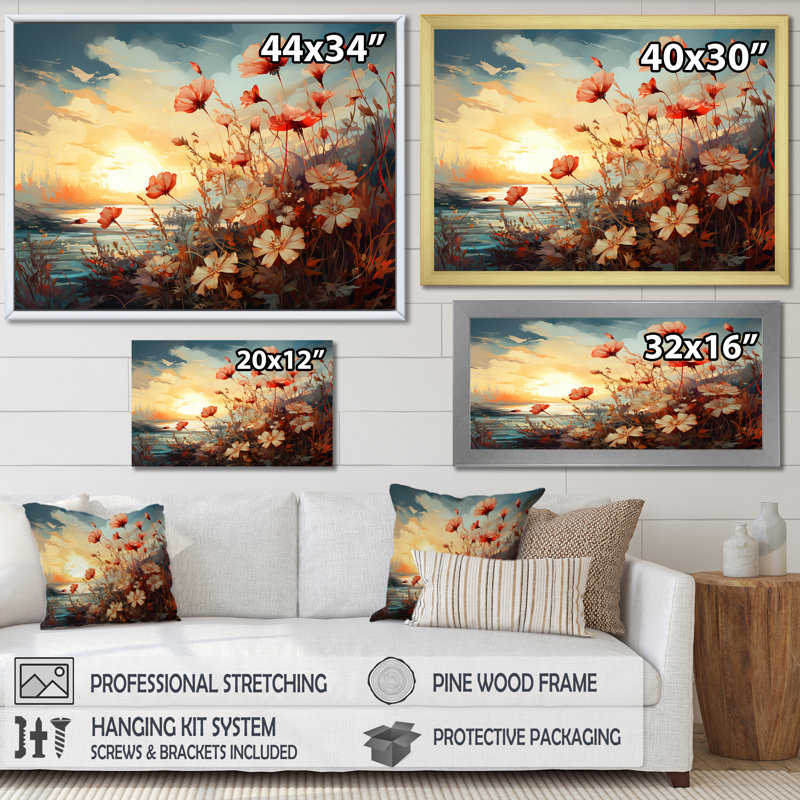 «Meadow Stream At Sunset II», reproduction sur toile, Cadre simple noir, H 24 po x l 32 po x P 1 po