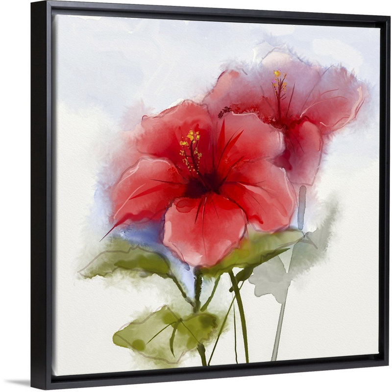 Aquarelle sur toile, fleur d'hibiscus rouge, Toile encadrée noire, H 36 po x l 36 po x P 1,75 po