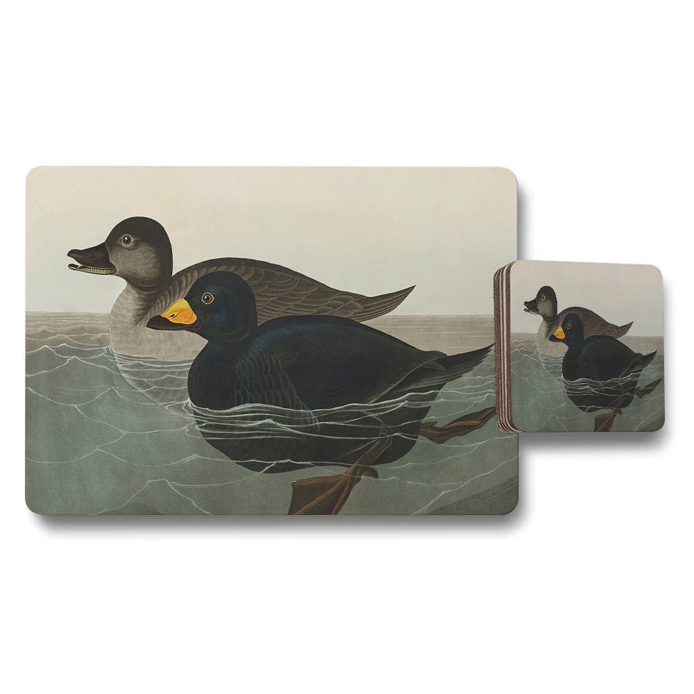 Duck Themed Placemat And Coaster Set With Vintage Waterfowl Illustration