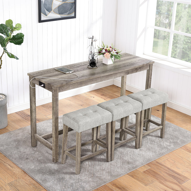 Ensemble de table de bar industriel avec prise de courant, conception peu encombrante pour le salon et la salle à manger, mobilier confortable et durable