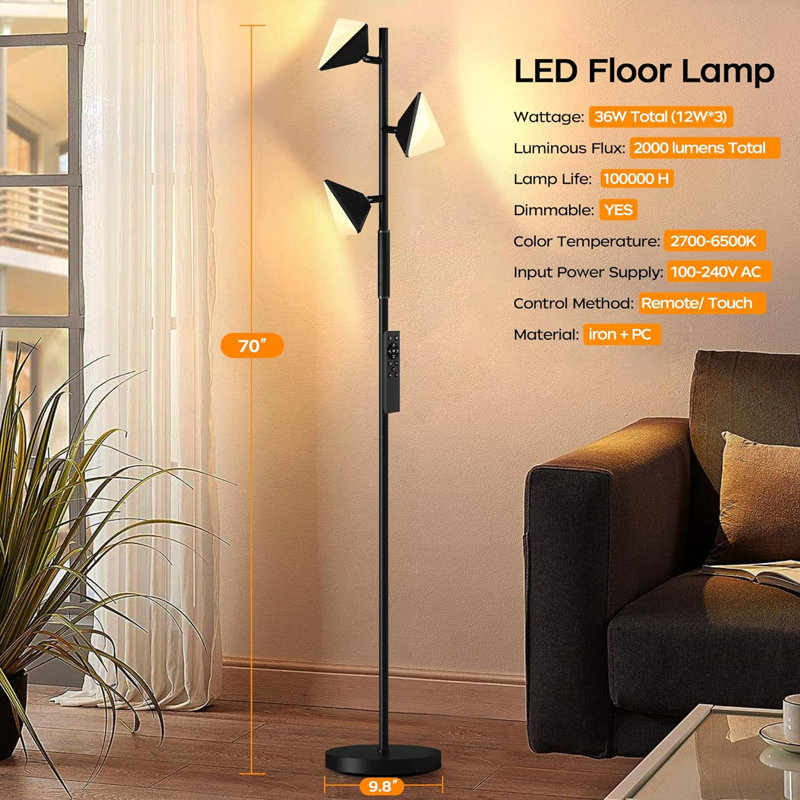 Makenzlee 68'' Black LED Floor Lamp Standing Lamp with Remote & Touch Control, Black