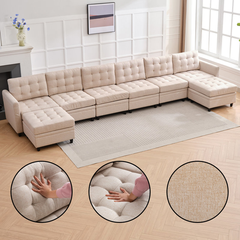 Balus Modular Sofa Bed Set, Button Tufted Reversible Modular Couch With 2 Storage Ottomans, 8 Seater Oversized U Shape Sleeper Sectional Couch Modular Sofa Couch For Living Room