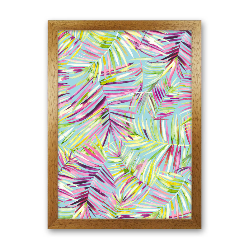 Tropical Palms Blue - Print, Brown Framed, 88cm H x 64cm W x 3cm D