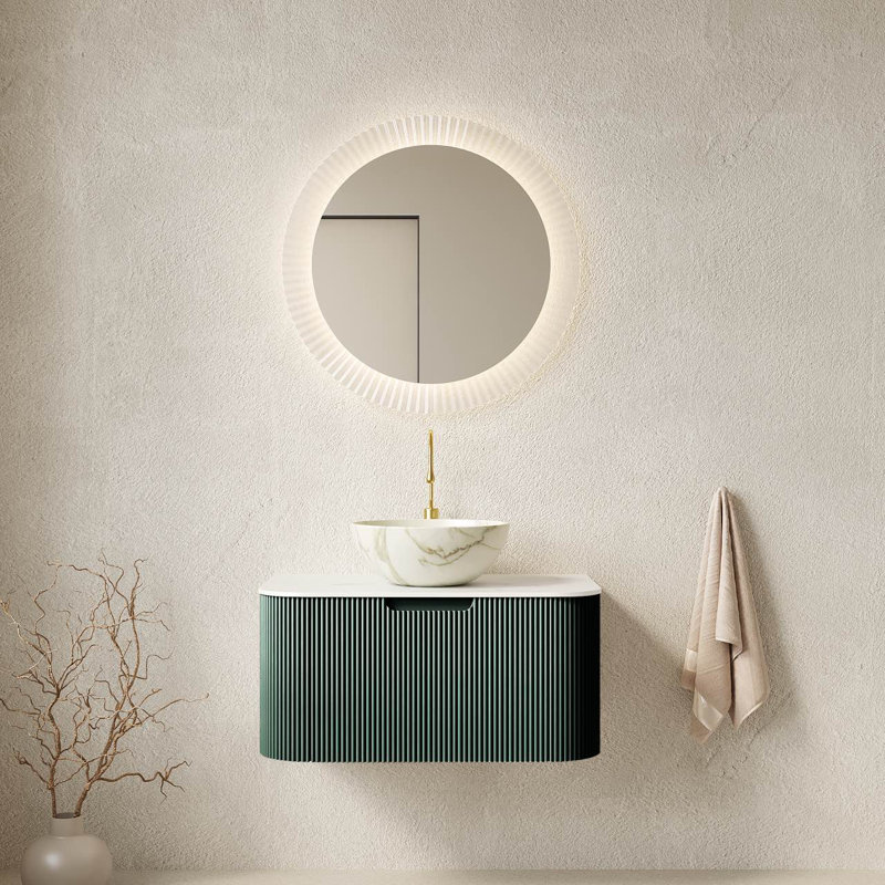 Meuble-lavabo et lavabo Hesse Dina 30 po, armoire de salle de bain en contreplaqué rayé à bords arrondis avec tiroir, vasque en céramique blanc mat et plateau en pierre frittée, pré-assemblé, couleur vert foncé