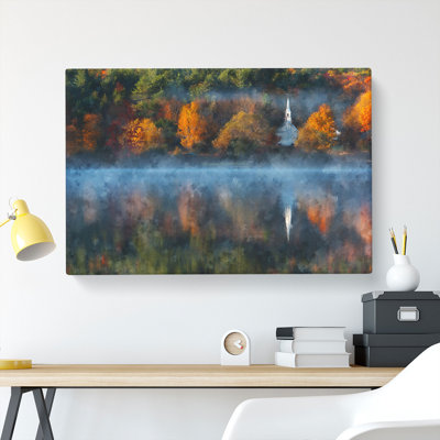Church & Forest In The Lake Painting - Wrapped Canvas