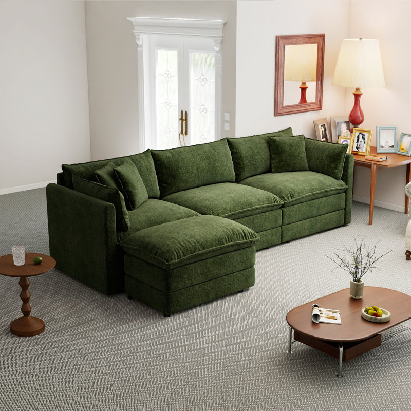 112" L Shaped Modern Sofa Modular Sectional Cloud Couch With Ottoman, 4-Seat Chenille Deep Seat Sofa With Pillow For Living Room