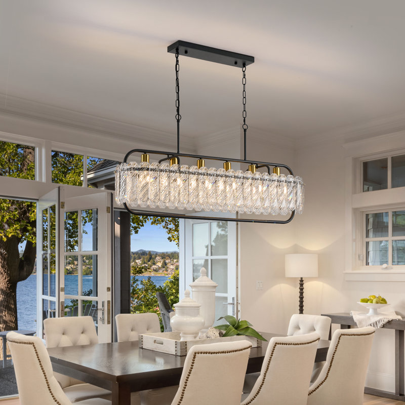 Éclairage d'îlot linéaire de 40 po noir et doré - bordure extérieure en cristal texturé, nouveau motif! 6 lumières réglables pour les plafonds inclinés