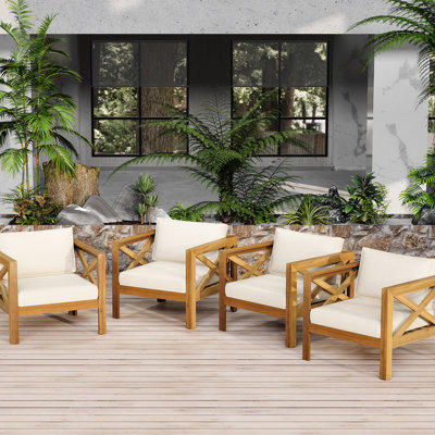 Fauteuil club beige rembourré pour 4 personnes, bois, finition, intempéries, idéal pour les terrasses et la vie