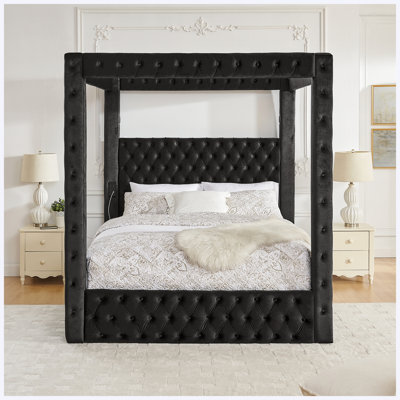 King Velvet Upholstered Canopy Bed with Bluetooth Speakers & USB Charging, Black