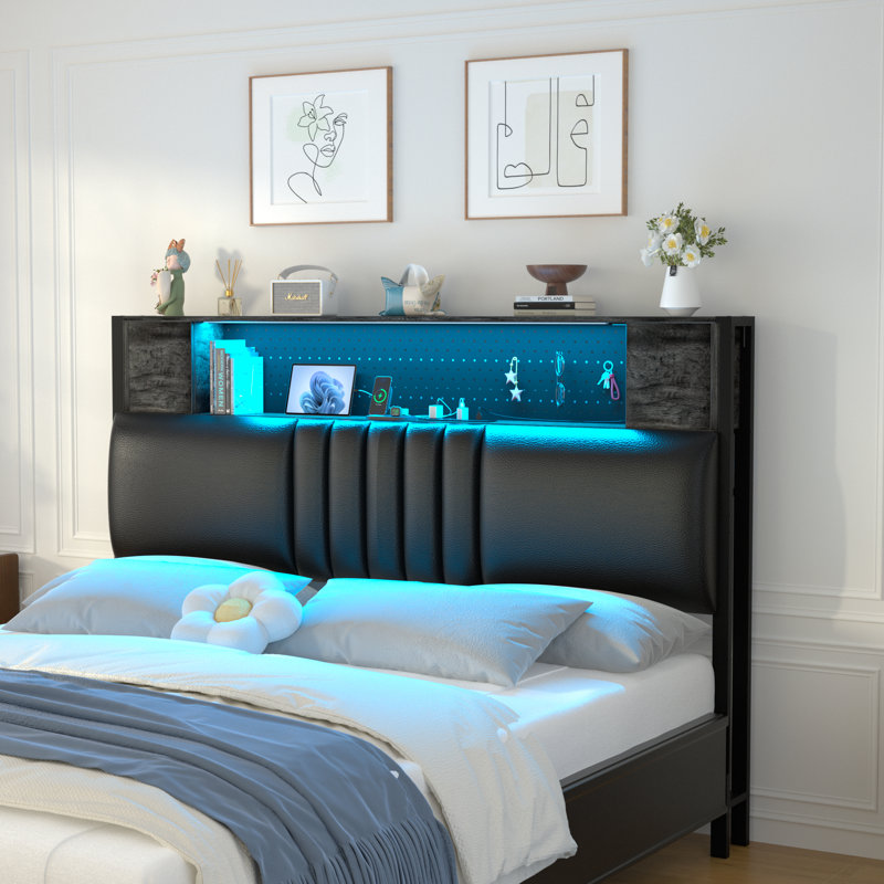 Tête de lit rembourrée avec rangement en polyuréthane avec lumières DEL et station de charge, Chêne gris, Lit simple