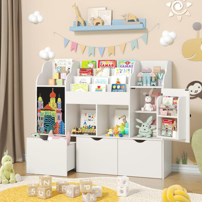 47.3'' Kids Bookshelf With Chalkboard, Toy Storage Organizer, 3 Movable Drawers