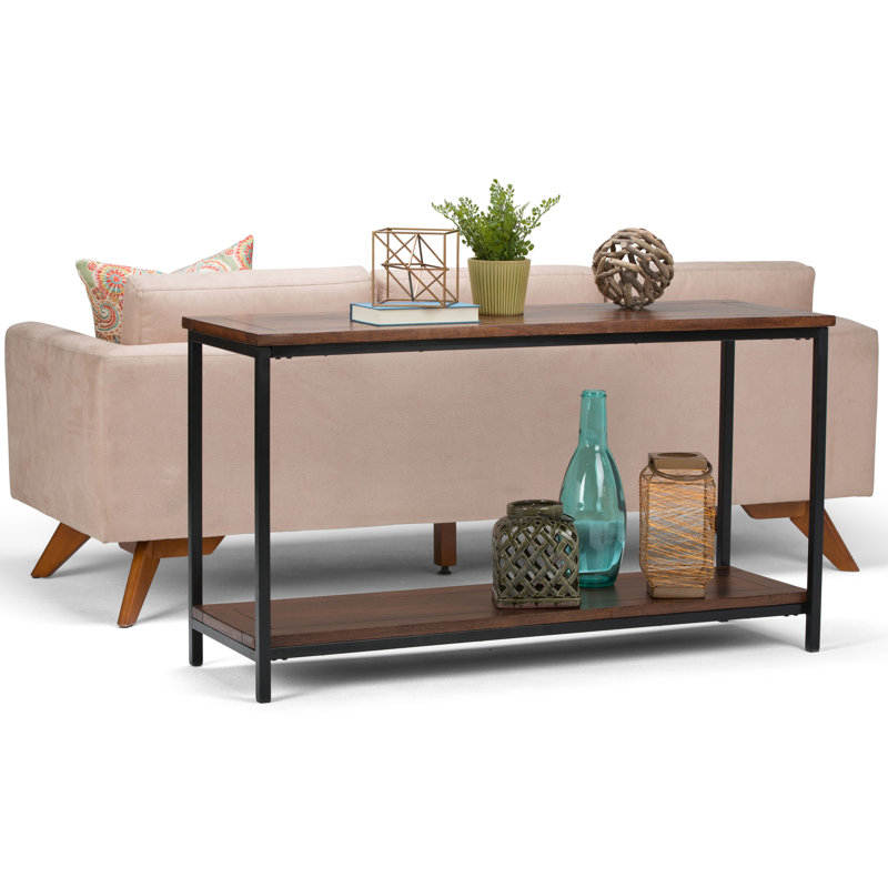 Skyler 54'' Industrial Dark Cognac Brown Solid Mango Wood & Metal Console Table with Shelf