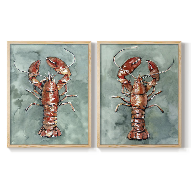 Aquarelle de homard I - impression encadrée de qualité supérieure - prête à être accrochée - aucun clou requis - aucun clou requis