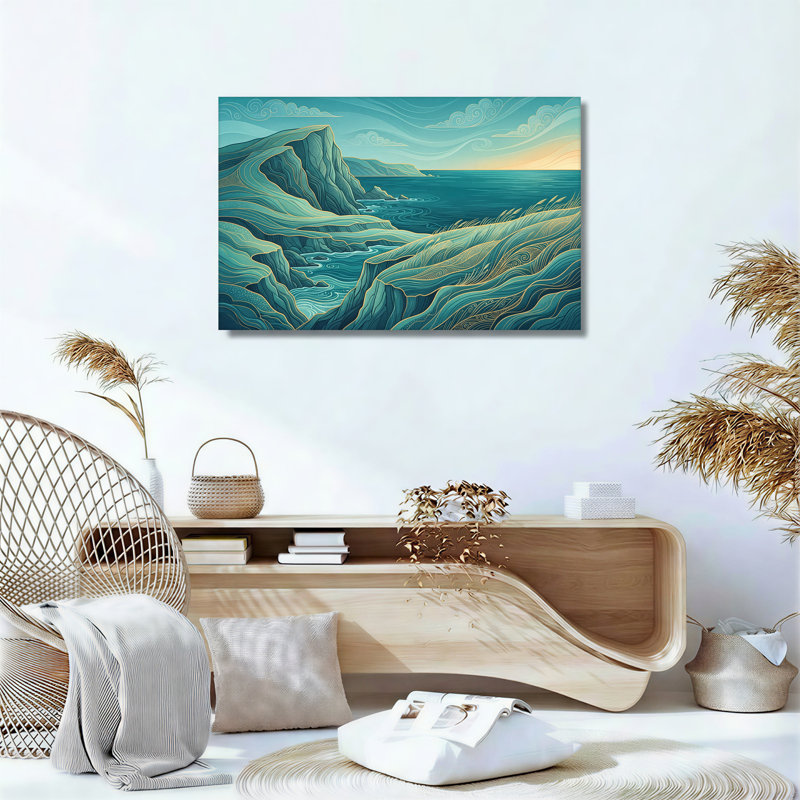 Art mural sur toile bleu sarcelle et falaises côtières stylisées, 20"H x 30"W
