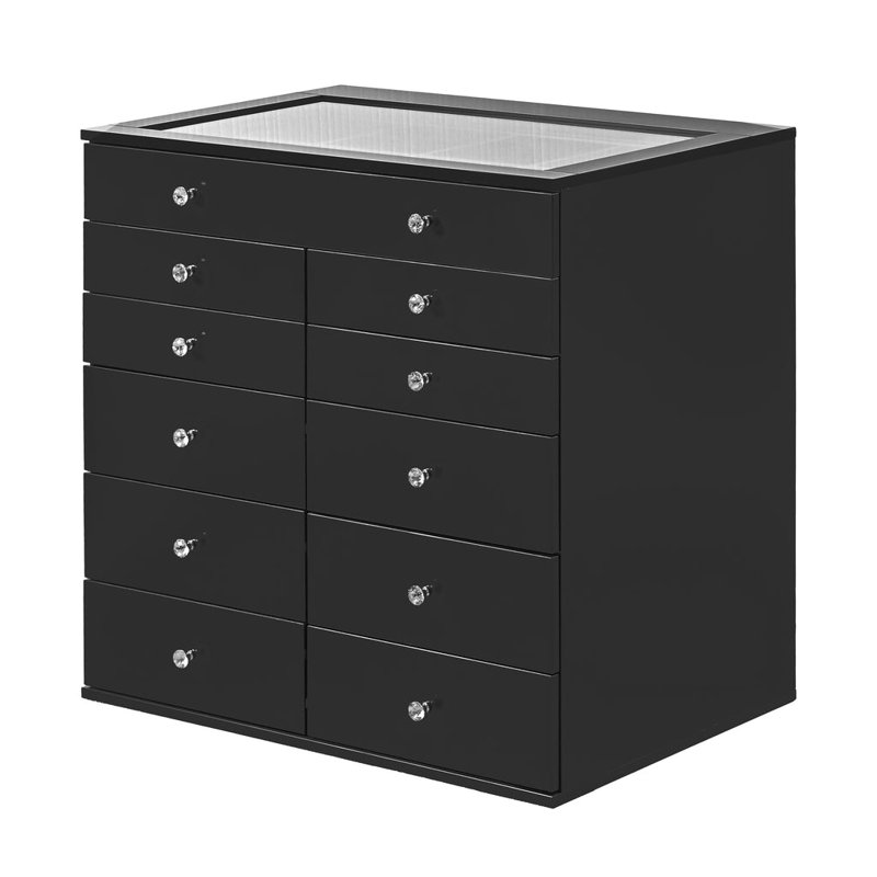 Storage Box with 11 Makeup Drawers, Crystal Lux Handles, Noir