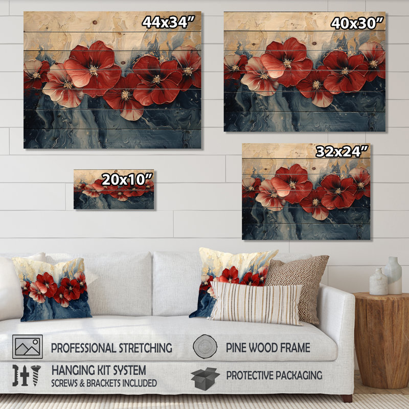 Coucher de soleil sur les vagues du champ de coquelicots d'hiver - coquelicots, art mural sur bois de pin naturel