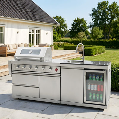 Deluxe Stainless Steel 6-Burner Modular Outdoor Kitchen Island Grill With Sink, Refrigerator & Rotisserie System