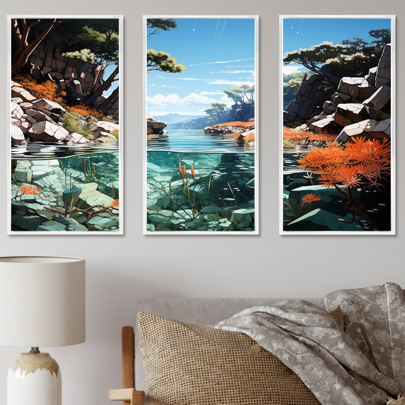 Corail et anémone - ensemble de reproduction d'art mural corail sous l'eau, Cadre flottant blanc, H 28 po x l 36 po x P 1 po