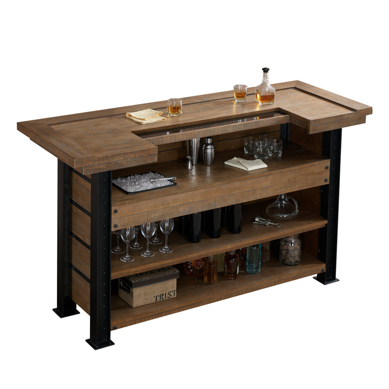 Industrial Reclaimed Wood and Metal Home Bar with Stone Surface