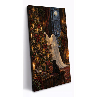 Tableau gothique de Noël sur toile, fantôme, sapin et foyer victorien, décoration de Noël victorienne sombre pour salon et entrée, toile tendue sur châssis, prête à accrocher, 30 x 60 cm