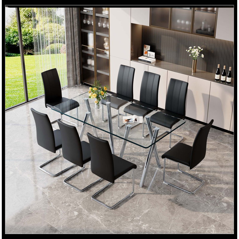 Ensemble de table de salle à manger 8 personnes en verre trempé - Table de cuisine rectangulaire moderne avec pieds en métal galvanisé, 8 chaises de salle à manger rembourrées en cuir de polyuréthane noir avec base en chrome argenté