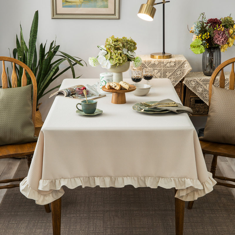 Waffle Weave Textured Rectangle/Oblong Tablecloth With Cotton Retro Ruffle Trim Solid For Farmhouse Decor, Beige